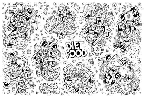Vector doodles cartoon set of Diet food combinations of objects and elements Stock Illustration
