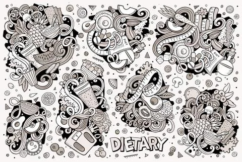 Vector doodles cartoon set of Diet food combinations of objects and elements Stock Illustration