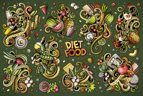 Vector doodles cartoon set of Diet food combinations of objects and elements Stock Illustration