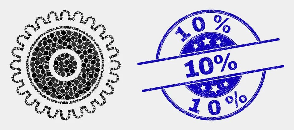 Vector Dot Cog Icon and Distress 10% Seal Stock Illustration