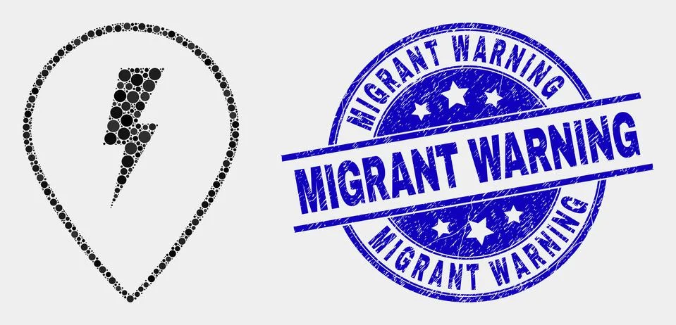 Vector Dot Electric Map Marker Icon and Distress Migrant Warning Seal Ilustración de archivo