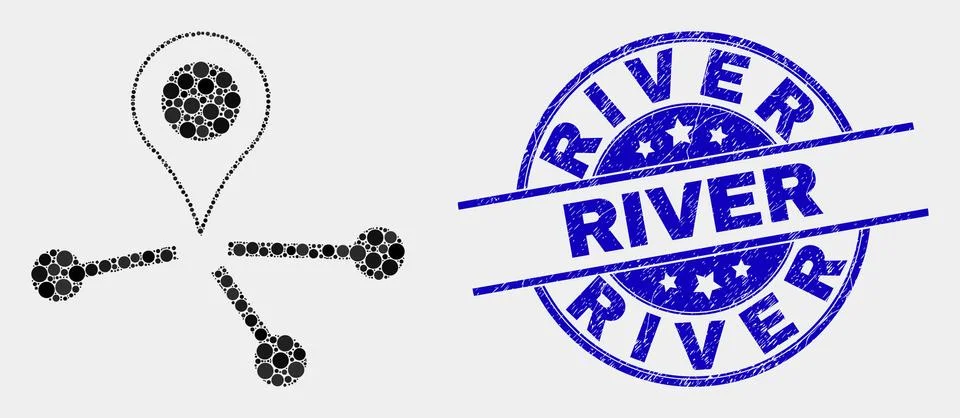 Vector Dot Map Pointer Links Icon and Grunge River Watermark 스톡 일러스트