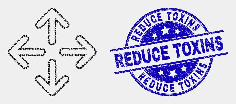 Vector Dot Meeting Point Arrows Icon and Grunge Reduce Toxins Stamp Stock Illustration