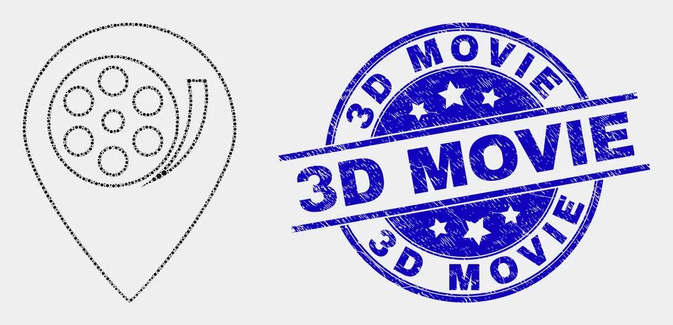 Vector Dot Movie Map Marker Icon and Distress 3D Movie Seal Illustrazione stock