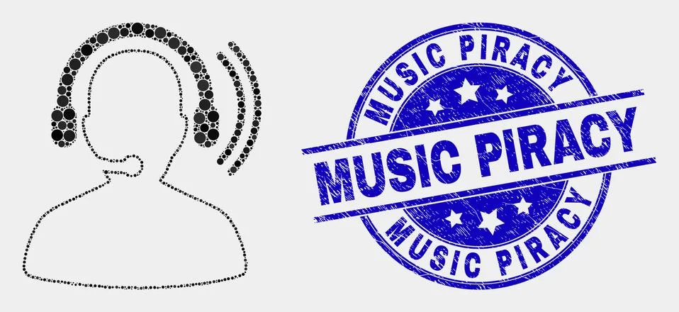 Vector Dot Radio Operator Headset Icon and Scratched Music Piracy Stamp Seal Stock Illustration