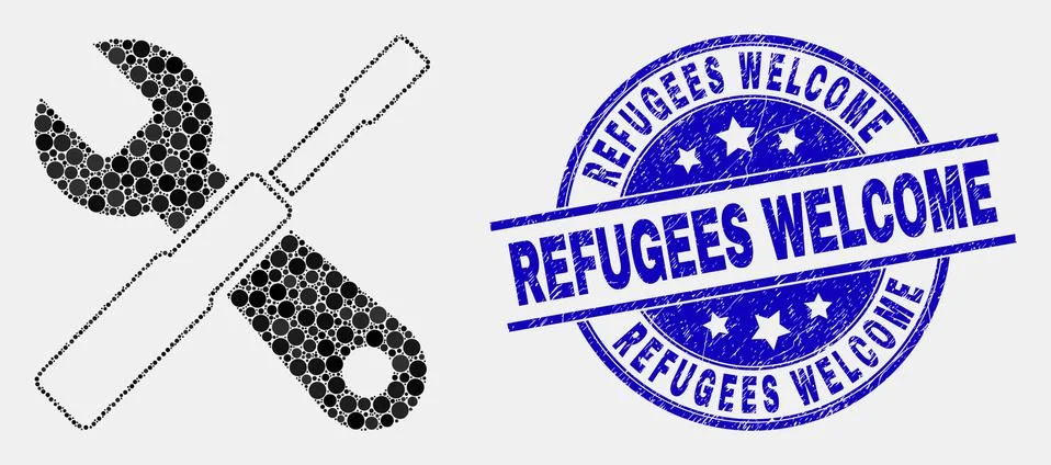 Vector Dot Setup Tools Icon and Scratched Refugees Welcome Stamp Stock Illustration
