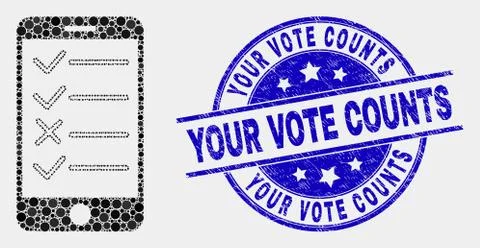 Vector Dot Smartphone Task List Icon and Grunge Your Vote Counts Stamp Seal Stock Illustration