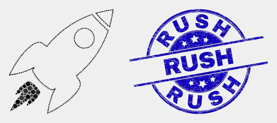 Vector Dot Space Rocket Icon and Scratched Rush Stamp Stock Illustration