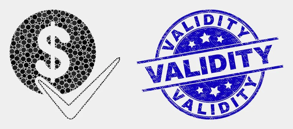 Vector Dot Valid Dollar Coin Icon and Scratched Validity Stamp Seal Stock Illustration