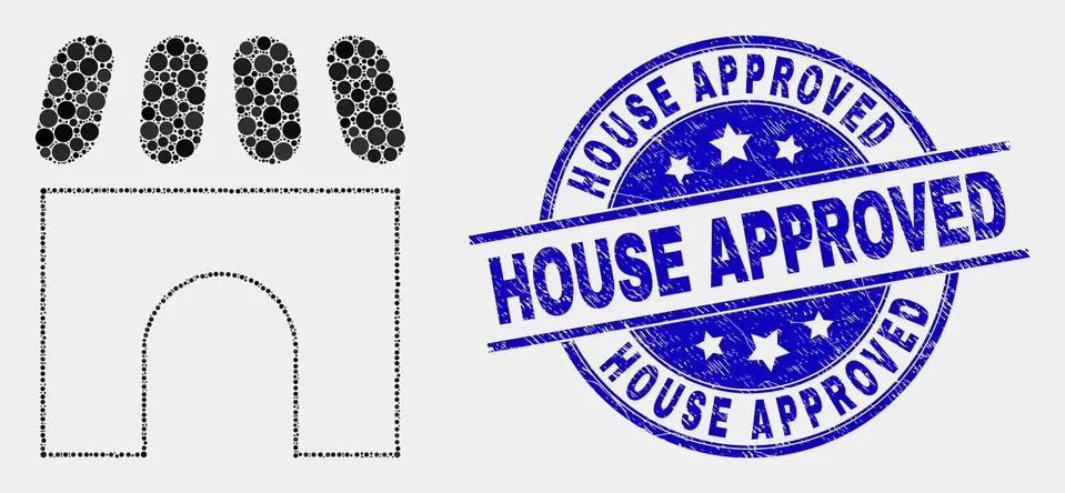 Vector Dotted Building Icon and Scratched House Approved Stamp Seal Ilustración de archivo