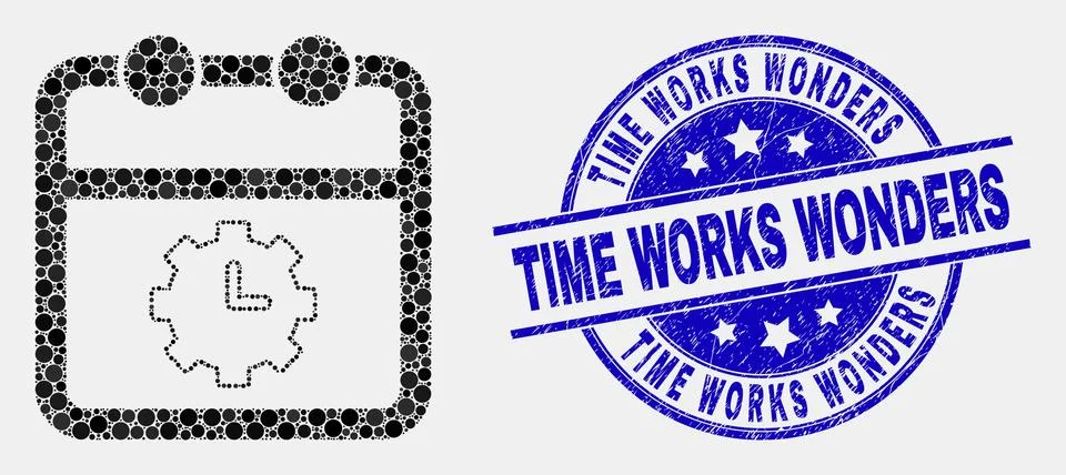Vector Dotted Calendar Time Options Icon and Grunge Time Works Wonders Watermark Stock-Illustration