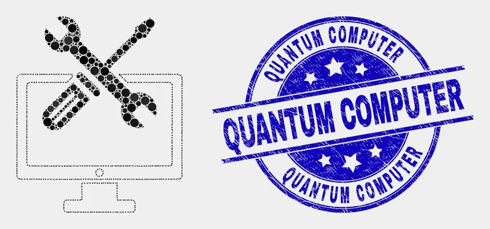 Vector Dotted Desktop Options Icon and Scratched Quantum Computer Watermark Stock Illustration