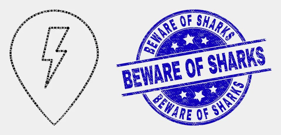 Vector Dotted Electric Map Marker Icon and Grunge Beware of Sharks Watermark Stock Illustration