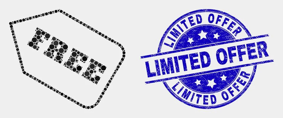 Vector Dotted Free Tag Icon and Scratched Limited Offer Watermark Stock Illustration