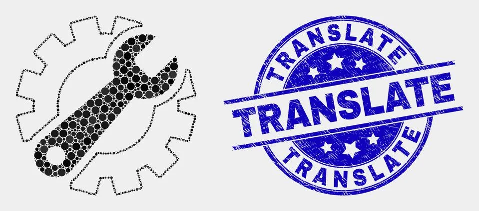 Vector Dotted Gear Tools Icon and Distress Translate Stamp Seal Stock Illustration