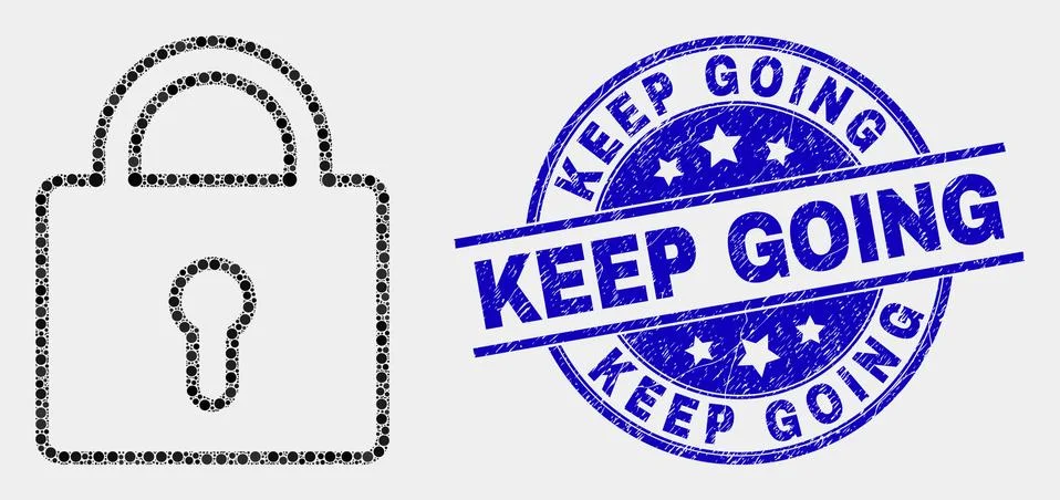 Vector Dotted Lock Icon and Scratched Keep Going Stamp Stock Illustration