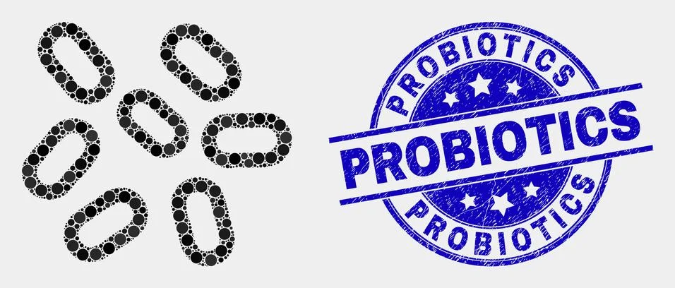 Vector Dotted Microbes Icon and Distress Probiotics Seal Stock Illustration