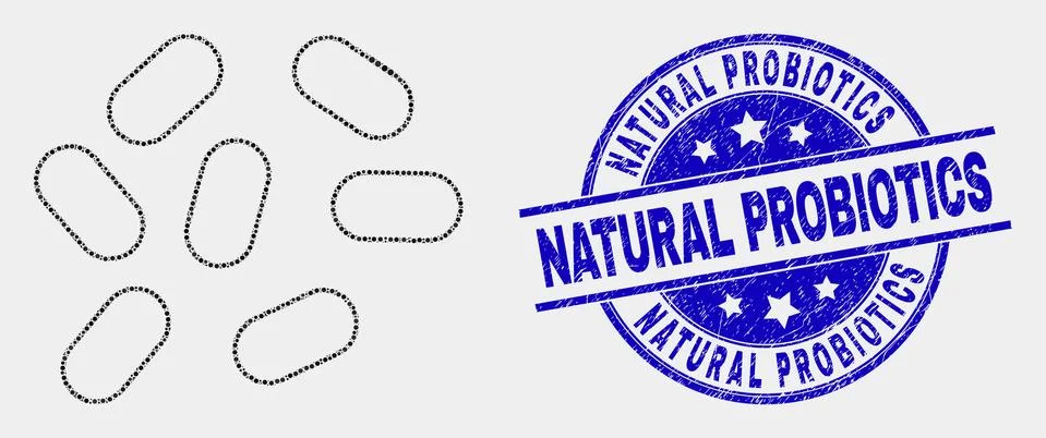 Vector Dotted Microbes Icon and Scratched Natural Probiotics Seal Stock Illustration