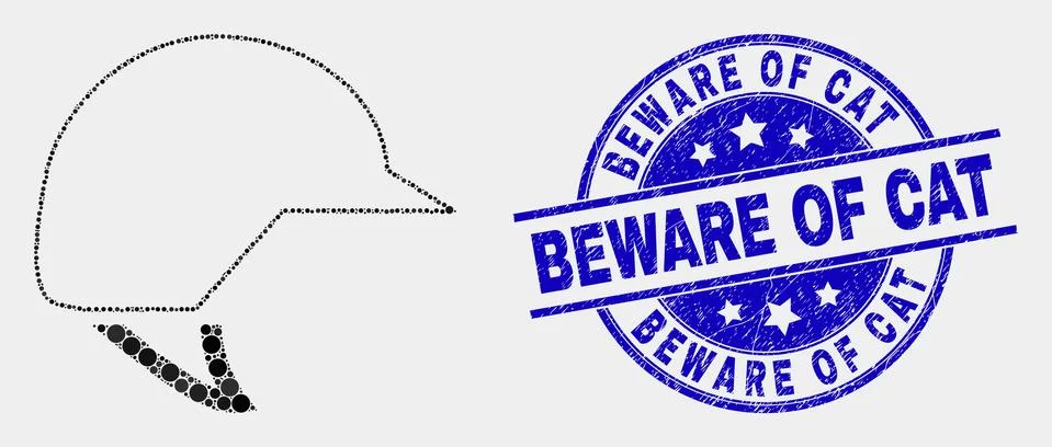 Vector Dotted Motorcycle Helmet Icon and Grunge Beware of Cat Watermark Illustration