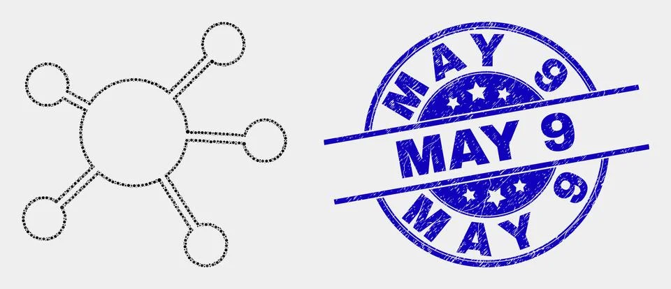 Vector Dotted Node Links Icon and Distress May 9 Stamp Illustrazione stock