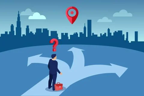 Vector of a doubtful business man standing at crossroads selecting the best s Stock Illustration