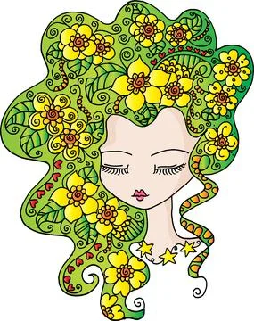Vector drawing beauty face and hair flowers design Stock Illustration