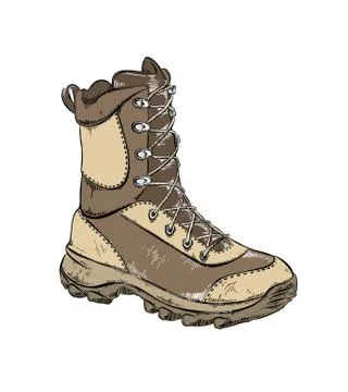 Vector drawing of boot in brown color, isolated on white background. Drawing for Stock Illustration