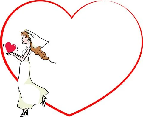 Vector drawing cartoon bride with heart shape border frame  background Stock Illustration
