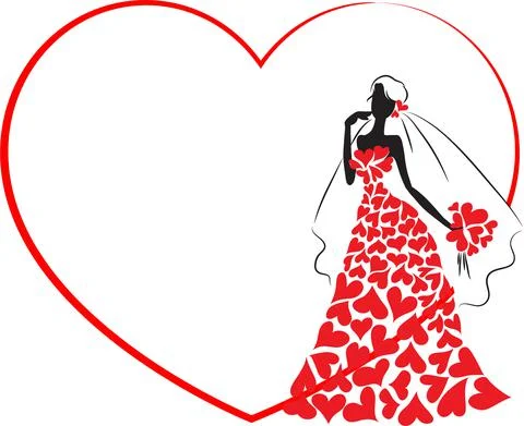 Vector drawing cartoon bride with heart shape border frame  background Stock Illustration
