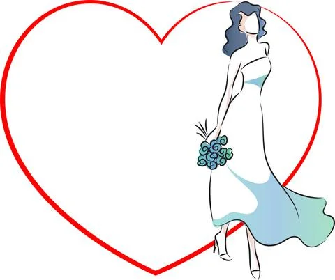 Vector drawing cartoon bride with heart shape border frame  background Stock-Illustration