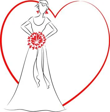 Vector drawing cartoon bride with heart shape border frame  background Stock Illustration