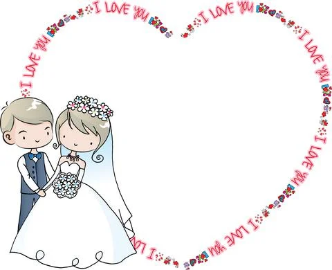 Vector drawing cartoon groom and bride with heart shape border frame  background 库存插图
