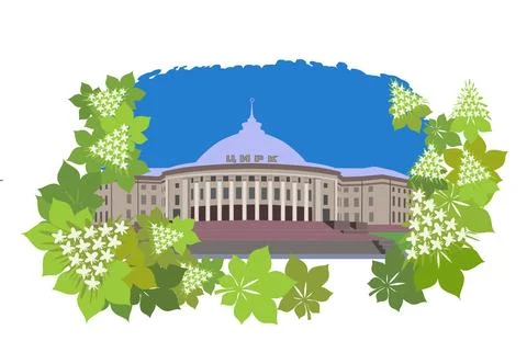 Vector drawing Circus building in Kyiv and chestnut trees in spring. Symbol.. Stock Illustration