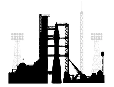 Vector drawing of a cosmodrome in a silhouette style. Stock Illustration
