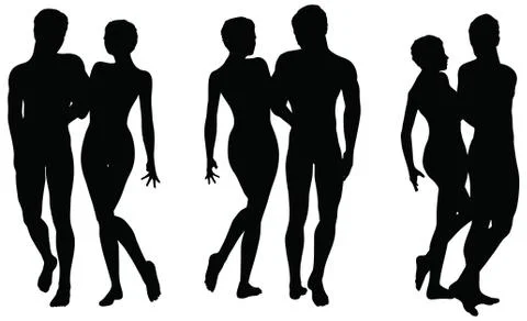 Vector drawing of couple silhouettes on walking position Stock Illustration