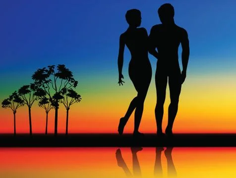 Vector drawing of couple silhouettes on walking position Ilustración de archivo