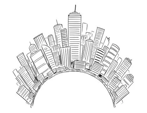 Vector Drawing of Generic Modern High Rise Buildings Around Half Circle or Globe Ilustración de archivo