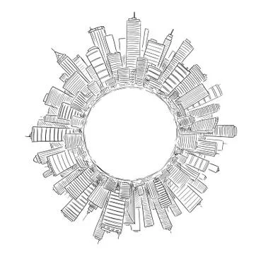 Vector Drawing of Generic Modern High Rise Buildings Around Circle or Globe Ilustración de archivo