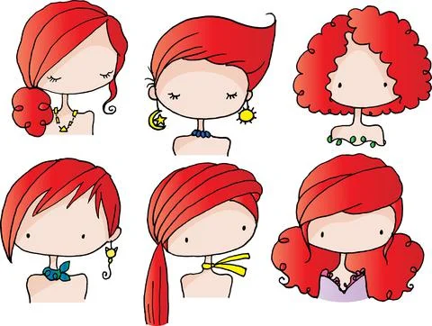 Vector drawing girls head with red hairstyle design set Stock Illustration