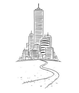 Vector Drawing of Group of Generic Buildings in Far and Road Leading to City Ilustración de archivo