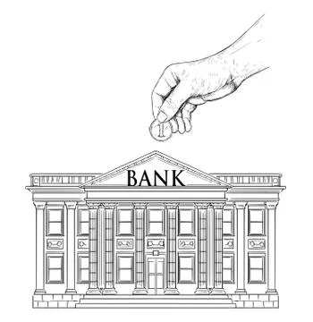 Vector Drawing of Hand Putting Coin in Classic Bank Building Ilustración de archivo