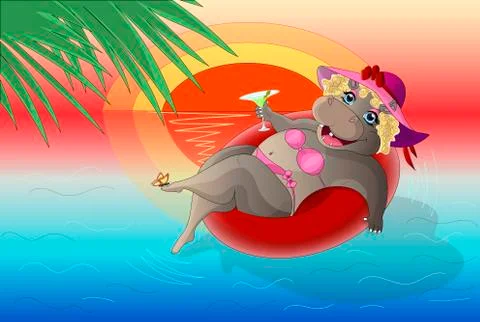 Vector drawing of Hippo in a circle on the sea Illustrazione stock