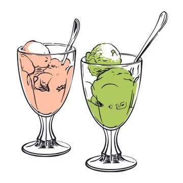 Vector drawing of ice cream in glasses. Ice Cream Sundae. 스톡 일러스트