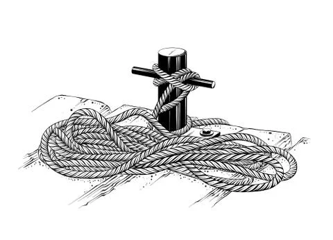 Vector drawing of mooring rope in black color, isolated on white background Stock Illustration