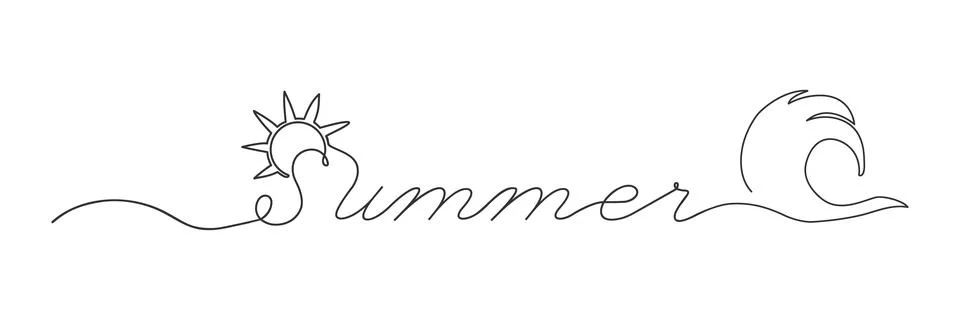 Vector drawing with one continuous line of sun, sea wave and Summer lettering Stock Illustration