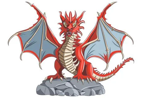 Vector drawing of a red dragon with open wings isolated on a white background Stock Illustration