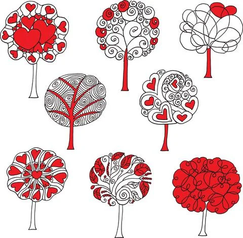 Vector drawing red heart shape love in tree set Stock Illustration