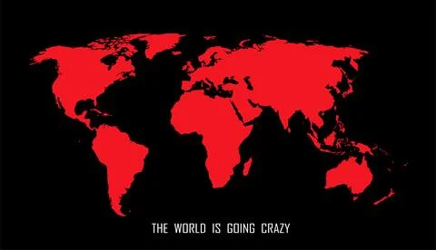 Vector drawing red world map isolated on black background. Detailed creativ.. Stock Illustration