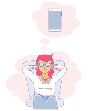 Vector drawing of a sitting and dreaming girl with closed eyes. Above it is a Illustrazione stock