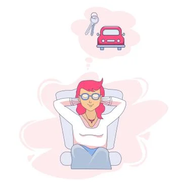Vector drawing of a sitting and dreaming girl with closed eyes. Above it is a Stock Illustration